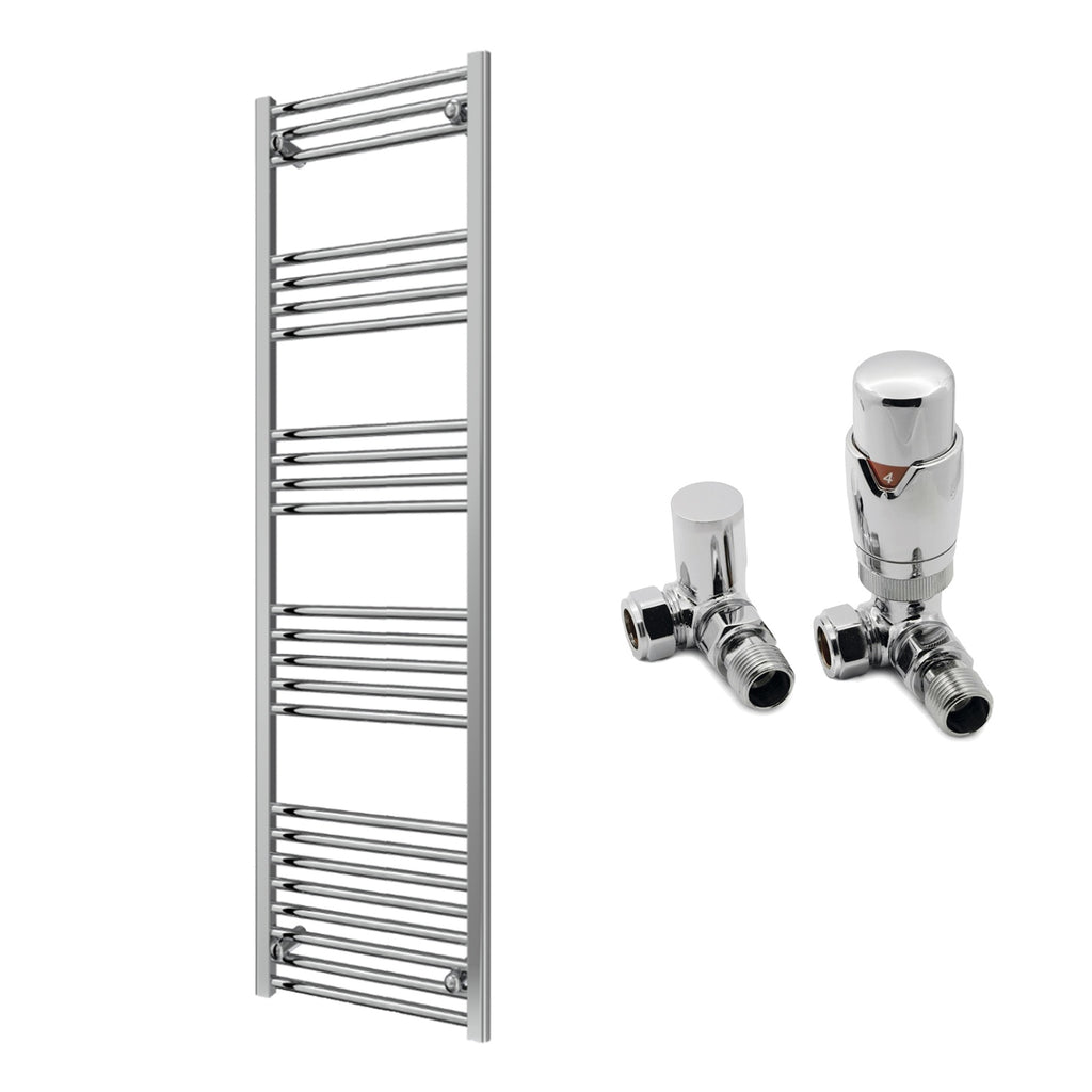 Reina Capo Flat Chrome Bathroom Heated Towel Rail 1600 x 500mm with TRV Corner Valves - Stylish Mild Steel Ladder Radiator