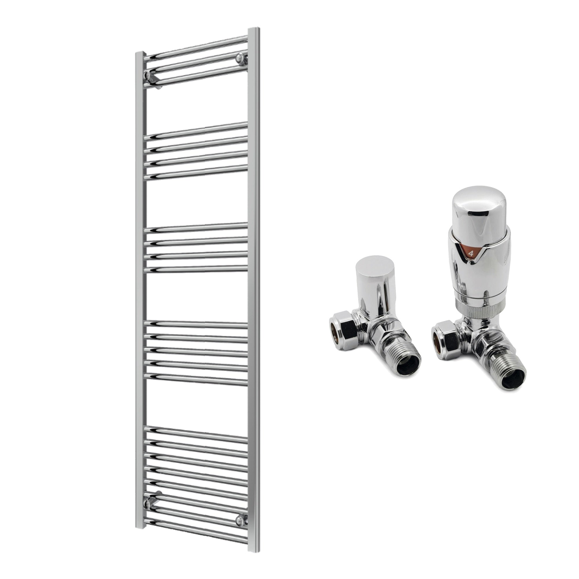 Reina Capo Flat Chrome Bathroom Heated Towel Rail 1600 x 500mm with TRV Corner Valves - Stylish Mild Steel Ladder Radiator