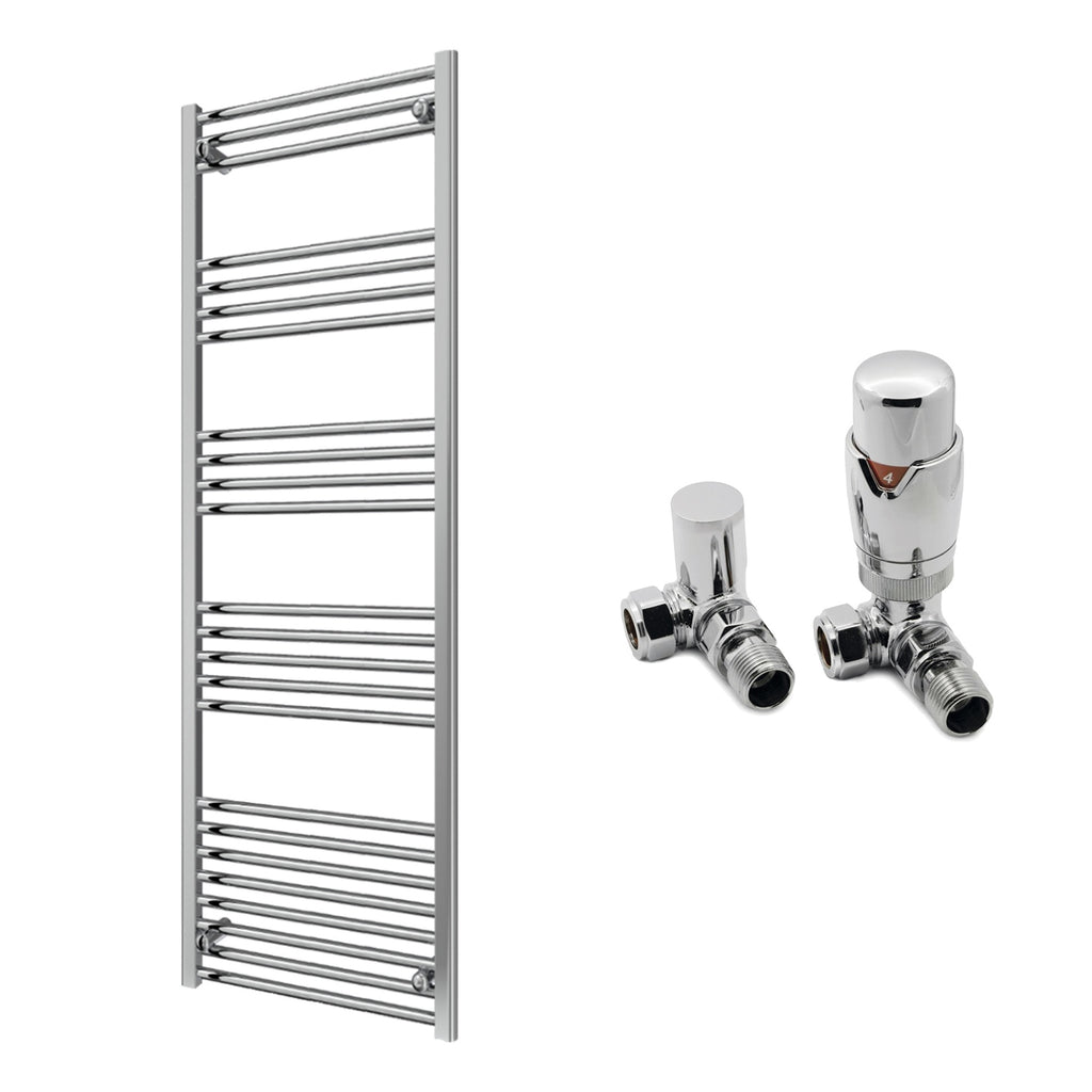 Reina Capo Flat Chrome Bathroom Heated Towel Rail 1600 x 600mm with TRV Corner Valves - Stylish Mild Steel Ladder Radiator