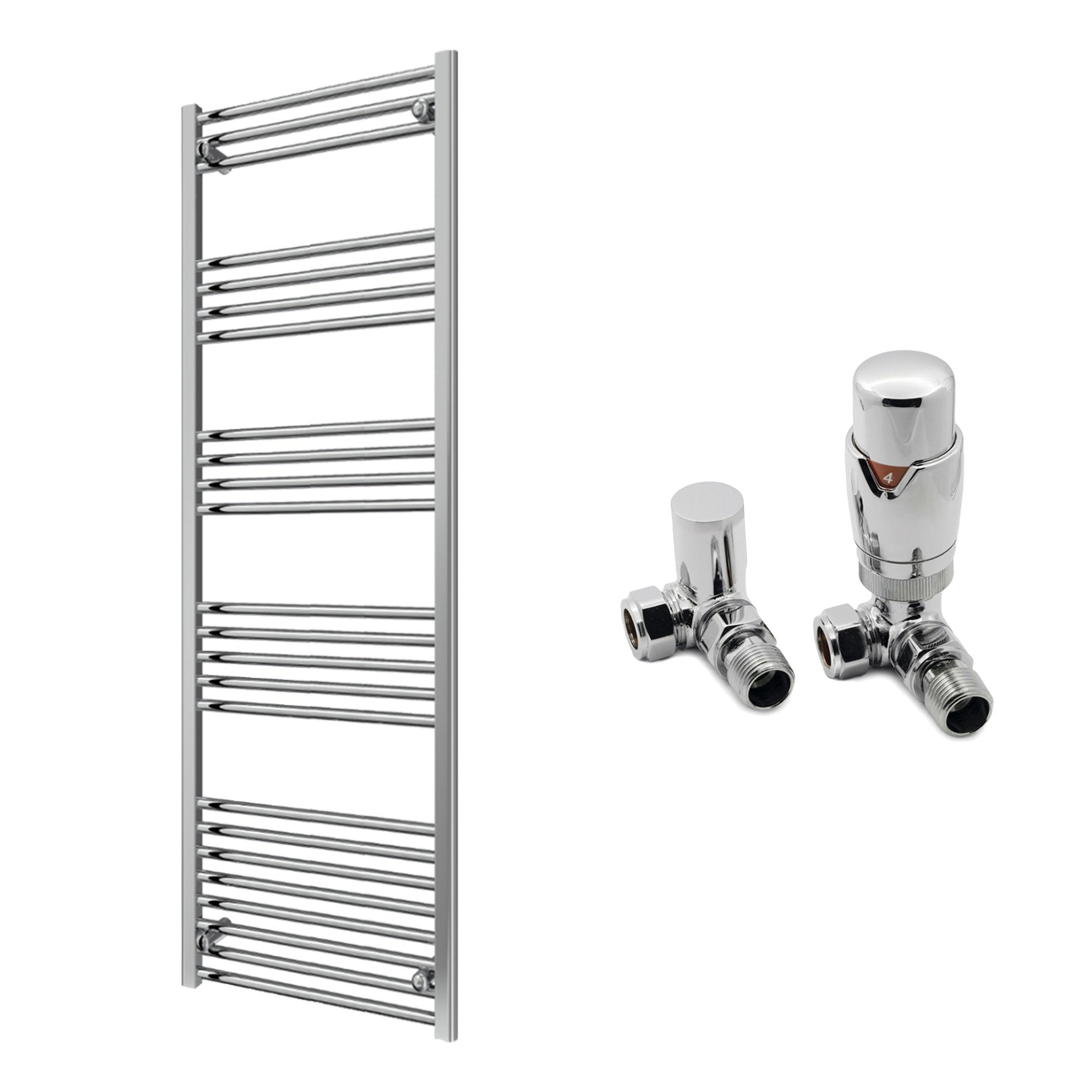 Reina Capo Flat Chrome Bathroom Heated Towel Rail 1600 x 600mm with TRV Corner Valves - Stylish Mild Steel Ladder Radiator