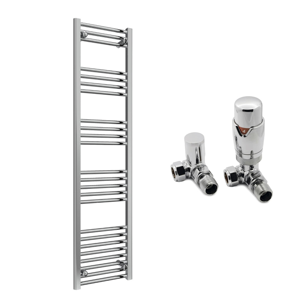 Reina Capo Flat Chrome Bathroom Heated Towel Rail 1800 x 400mm with TRV Corner Valves - Stylish Mild Steel Ladder Radiator