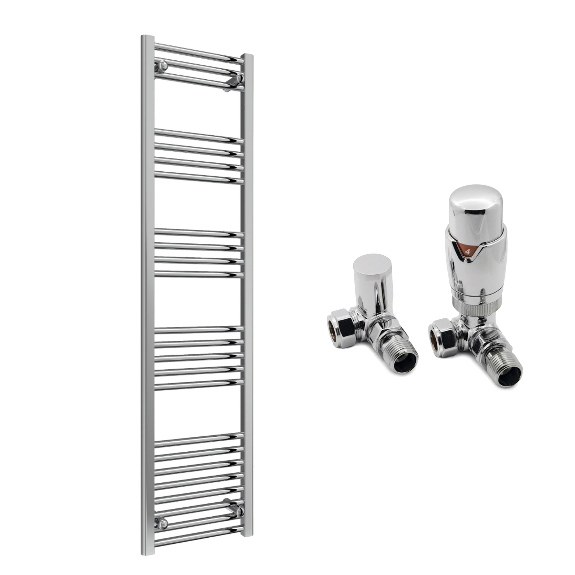 Reina Capo Flat Chrome Bathroom Heated Towel Rail 1800 x 400mm with TRV Corner Valves - Stylish Mild Steel Ladder Radiator