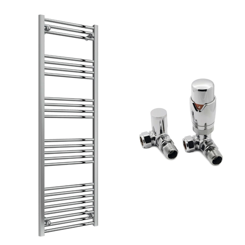Reina Capo Flat Chrome Bathroom Heated Towel Rail 1800 x 500mm with TRV Corner Valves - Stylish Mild Steel Ladder Radiator