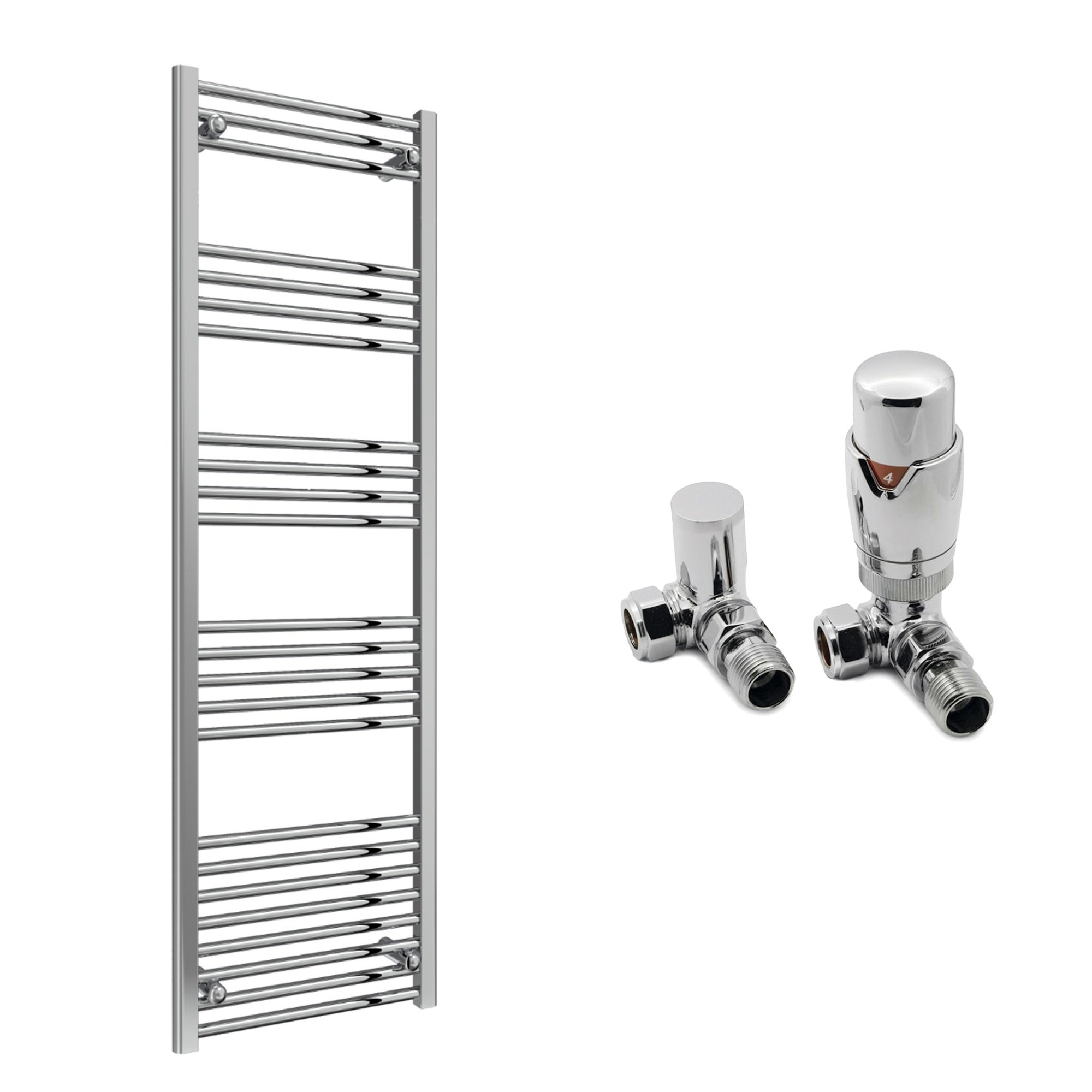 Reina Capo Flat Chrome Bathroom Heated Towel Rail 1800 x 500mm with TRV Corner Valves - Stylish Mild Steel Ladder Radiator