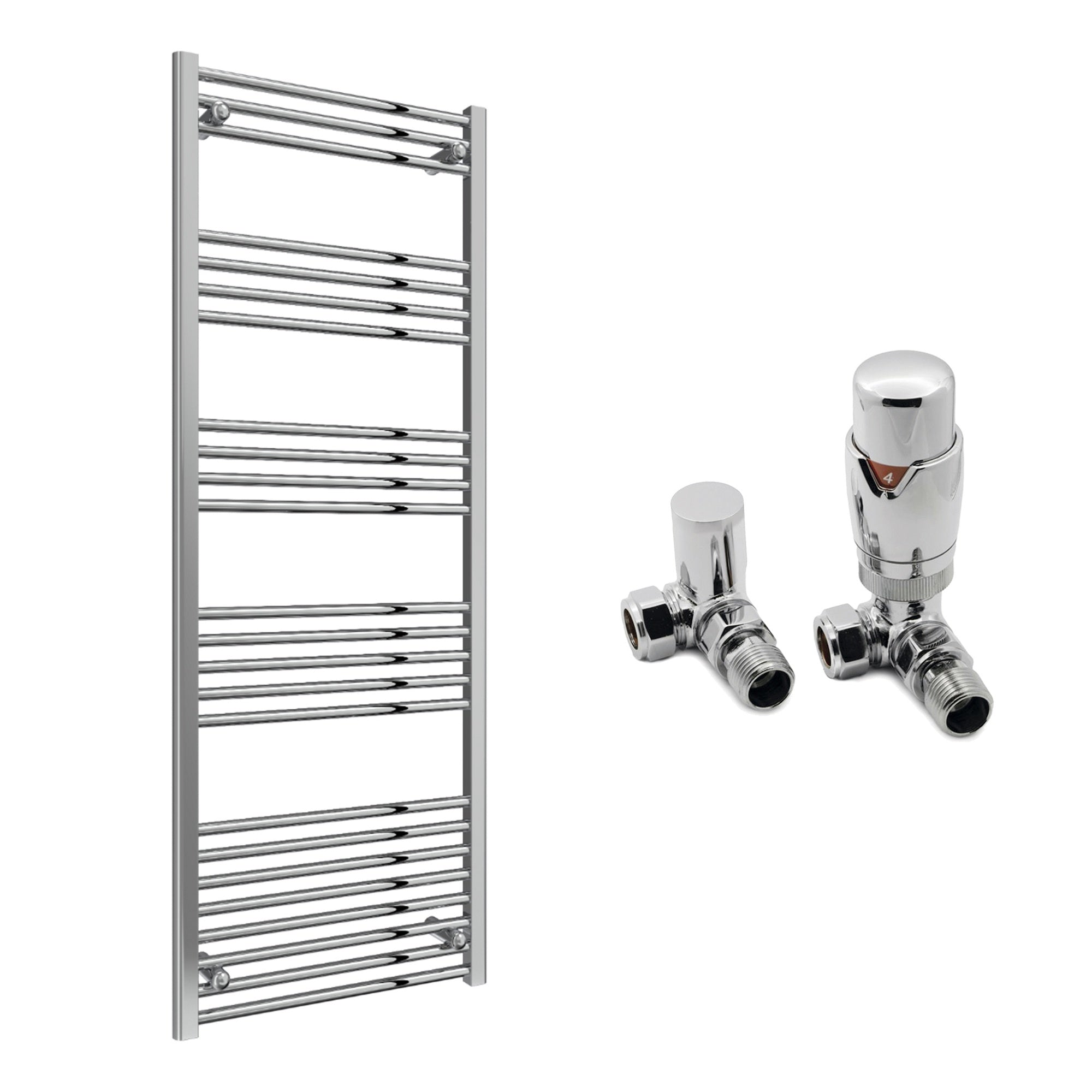 Reina Capo Flat Chrome Bathroom Heated Towel Rail 1800 x 600mm with TRV Corner Valves - Stylish Mild Steel Ladder Radiator