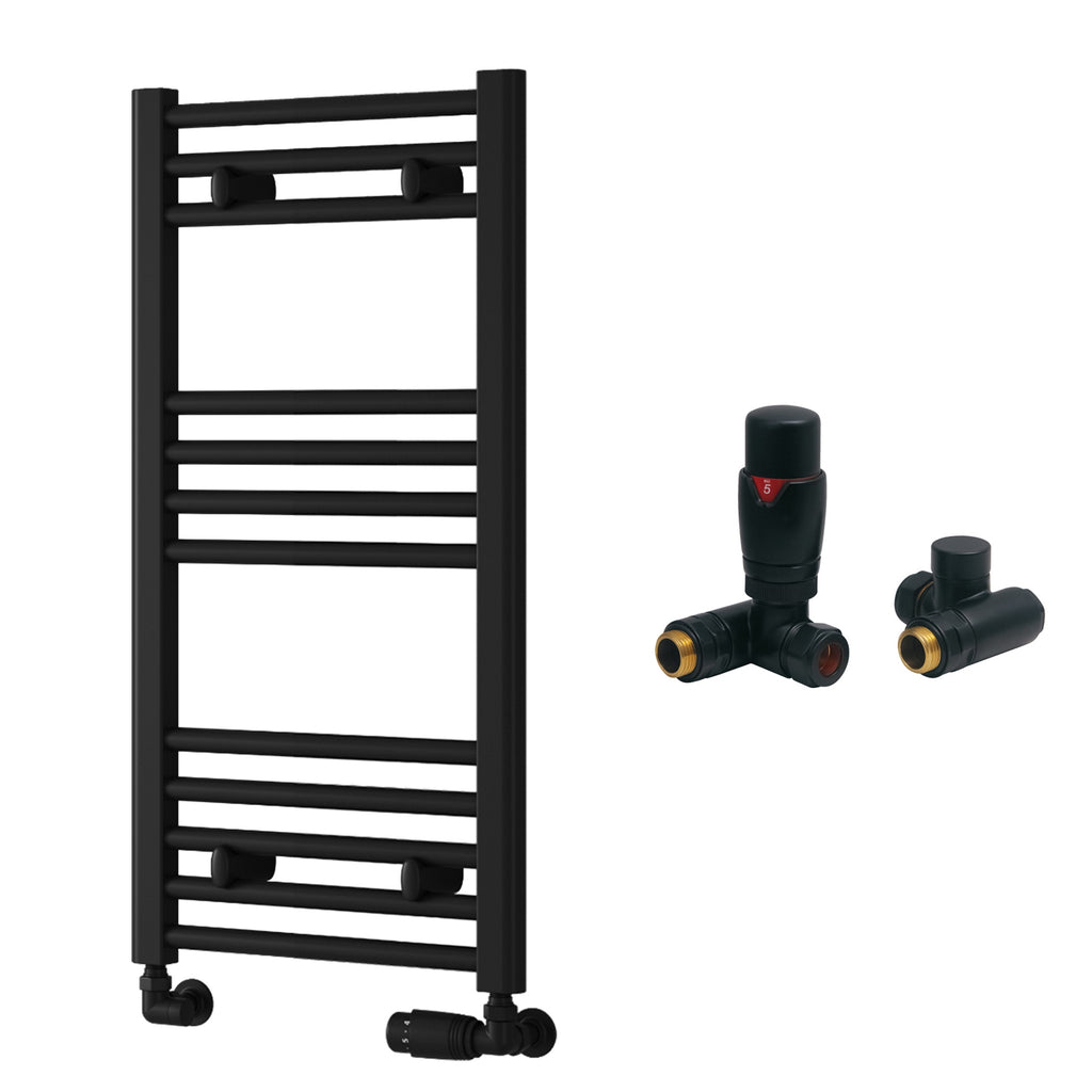 Reina Capo Flat Black Bathroom Heated Towel Rail 800 x 400mm with Dual Fuel TRV Valves - Stylish Mild Steel Ladder Radiator