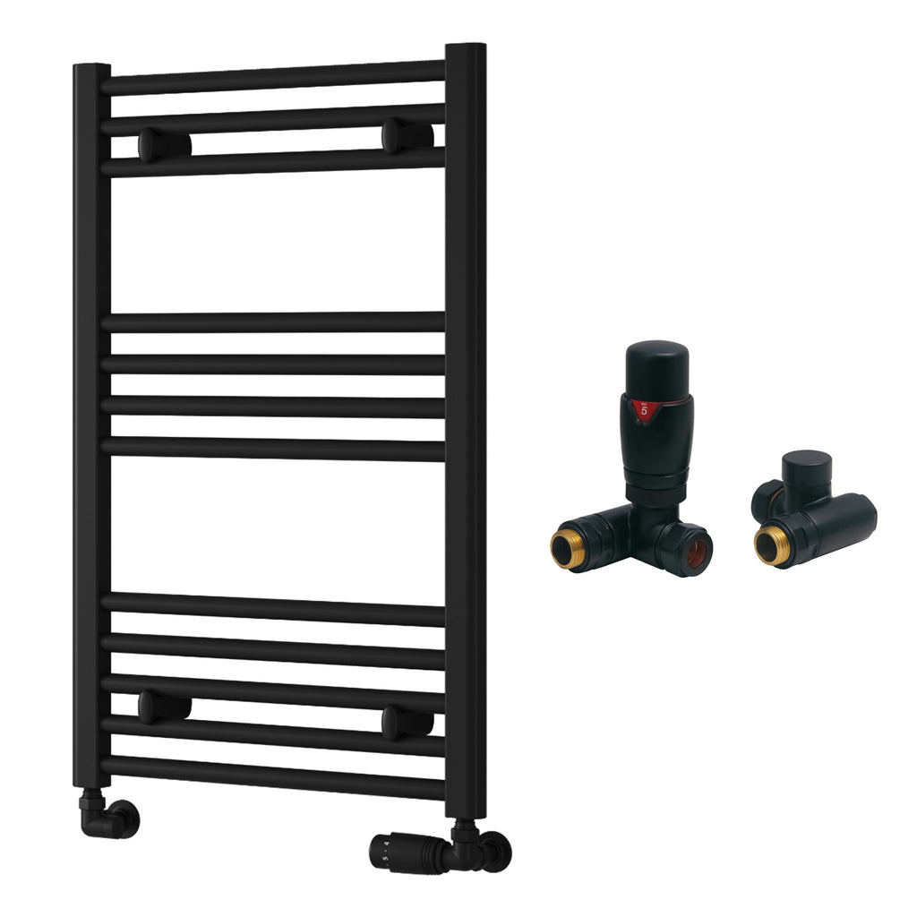 Reina Capo Flat Black Bathroom Heated Towel Rail 800 x 500mm with Dual Fuel TRV Valves - Stylish Mild Steel Ladder Radiator
