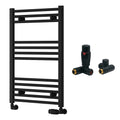 Reina Capo Flat Black Bathroom Heated Towel Rail 800 x 500mm with Dual Fuel TRV Valves - Stylish Mild Steel Ladder Radiator