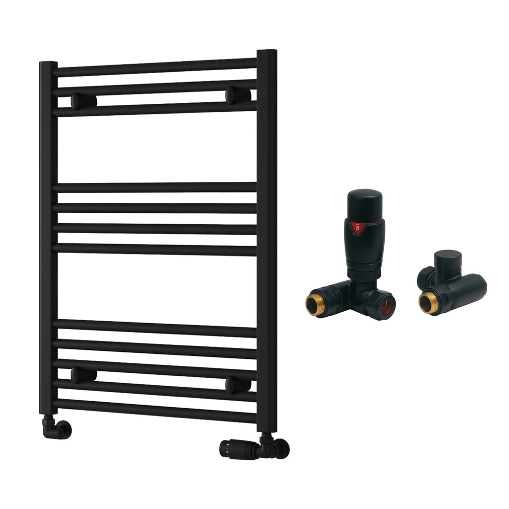 Reina Capo Flat Black Bathroom Heated Towel Rail 800 x 600mm with Dual Fuel TRV Valves - Stylish Mild Steel Ladder Radiator