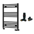 Reina Capo Flat Black Bathroom Heated Towel Rail 800 x 600mm with Dual Fuel TRV Valves - Stylish Mild Steel Ladder Radiator