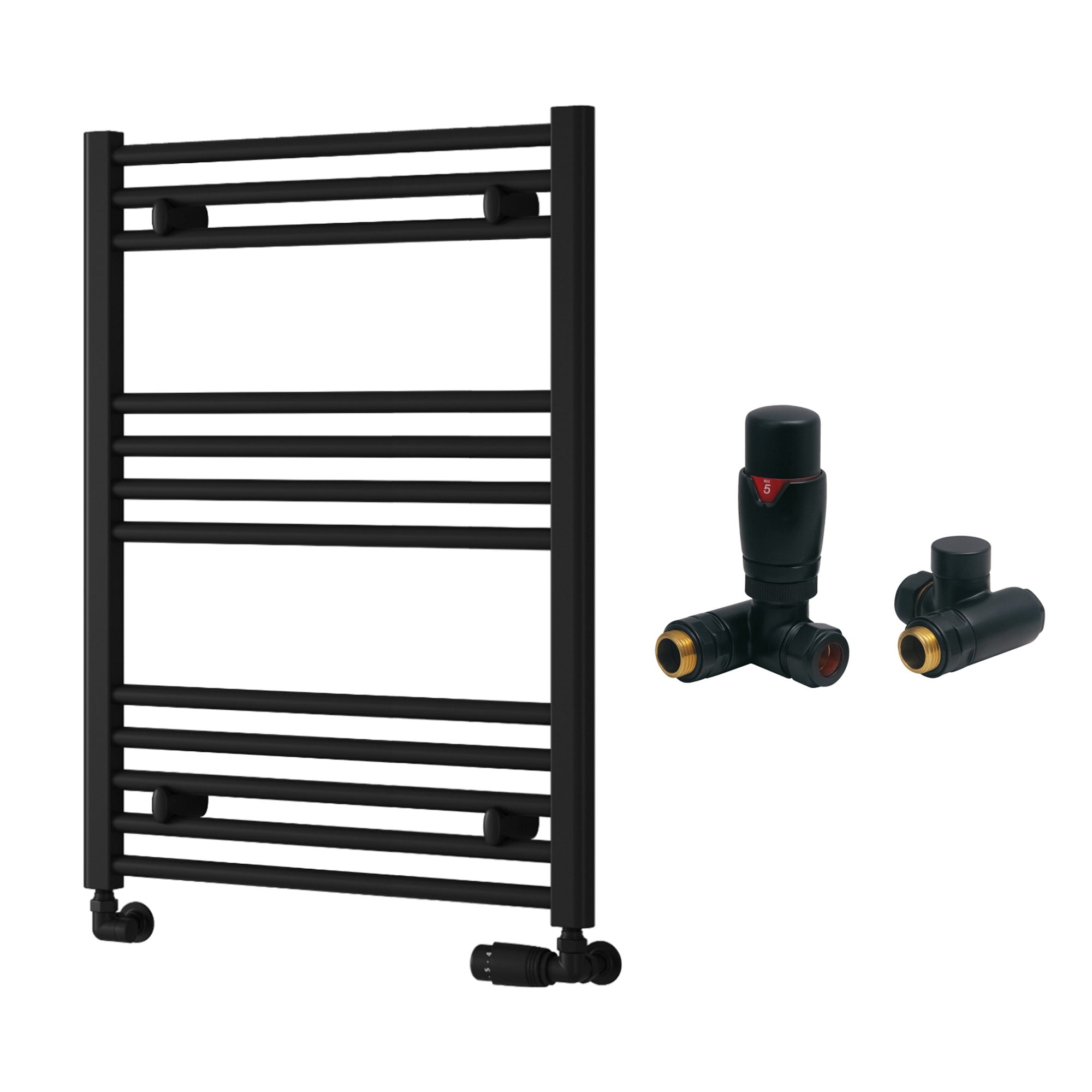 Reina Capo Flat Black Bathroom Heated Towel Rail 800 x 600mm with Dual Fuel TRV Valves - Stylish Mild Steel Ladder Radiator