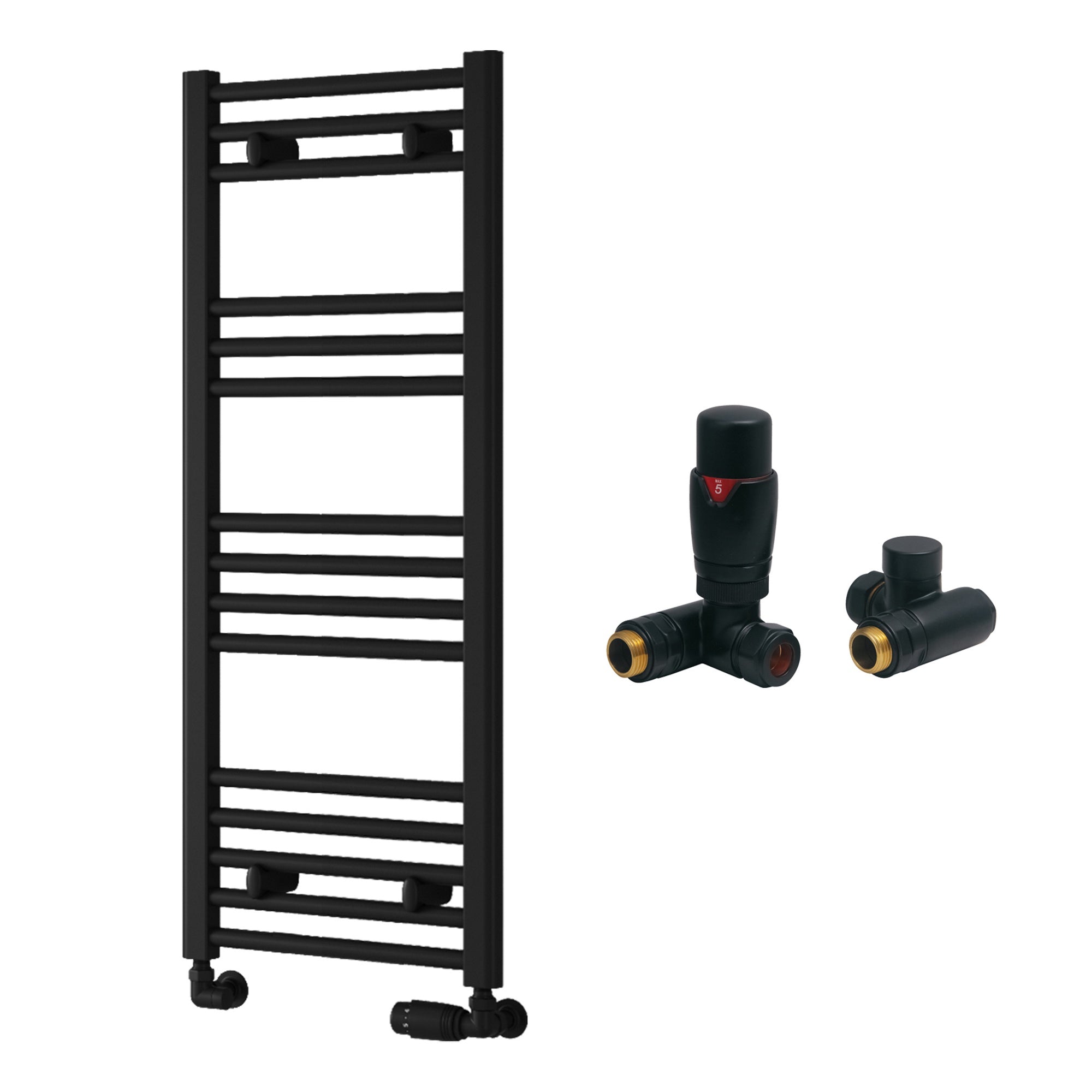 Reina Capo Flat Black Bathroom Heated Towel Rail 1000 x 400mm with Dual Fuel TRV Valves - Stylish Mild Steel Ladder Radiator