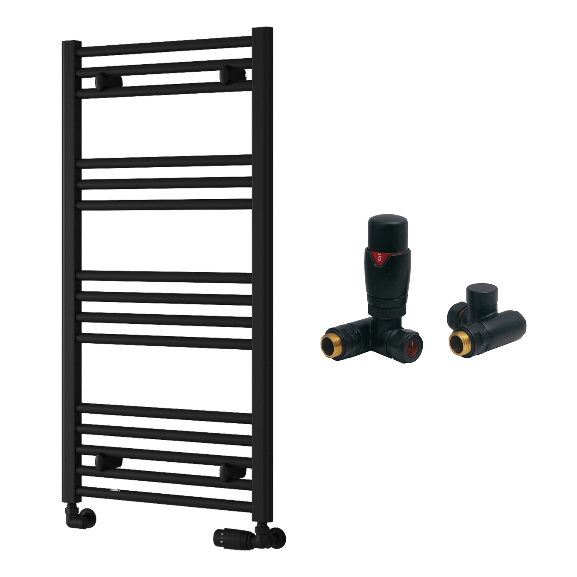 Reina Capo Flat Black Bathroom Heated Towel Rail 1000 x 500mm with Dual Fuel TRV Valves - Stylish Mild Steel Ladder Radiator
