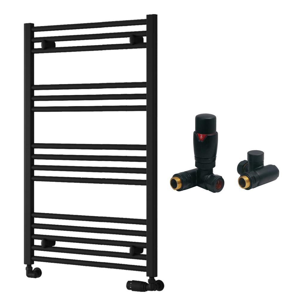 Reina Capo Flat Black Bathroom Heated Towel Rail 1000 x 600mm with Dual Fuel TRV Valves - Stylish Mild Steel Ladder Radiator