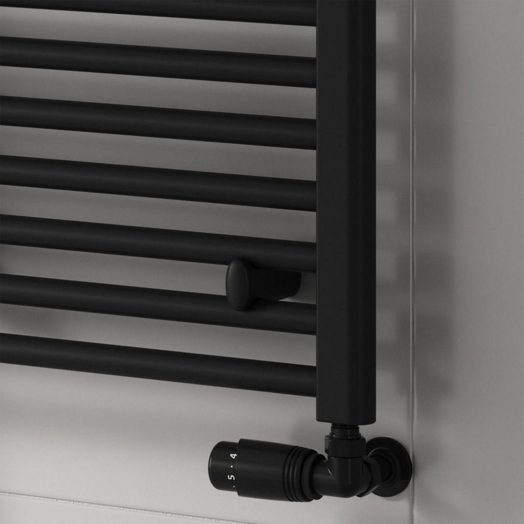 Reina Capo Flat Black Bathroom Heated Towel Rail 1000 x 600mm with Dual Fuel TRV Valves - Stylish Mild Steel Ladder Radiator