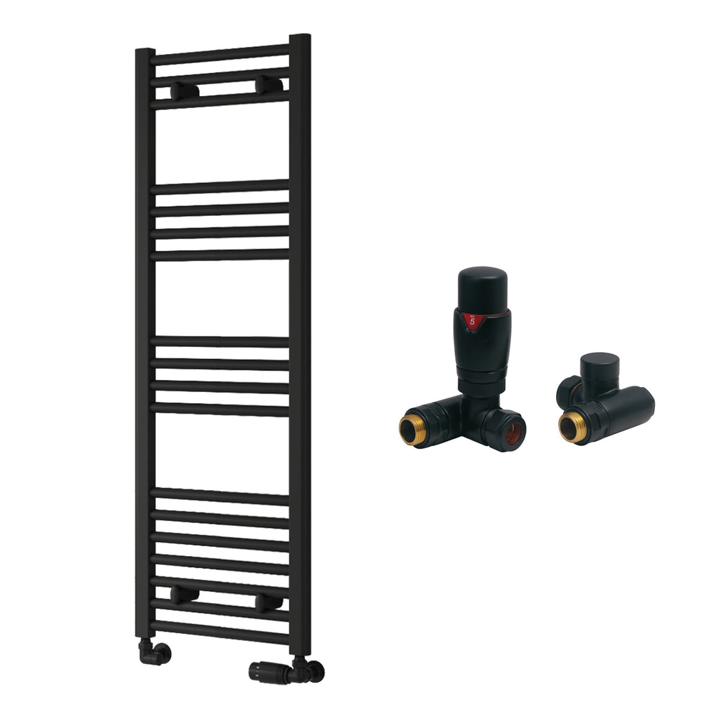 Reina Capo Flat Black Bathroom Heated Towel Rail 1200 x 400mm with Dual Fuel TRV Valves - Stylish Mild Steel Ladder Radiator