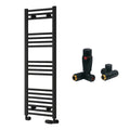 Reina Capo Flat Black Bathroom Heated Towel Rail 1200 x 400mm with Dual Fuel TRV Valves - Stylish Mild Steel Ladder Radiator