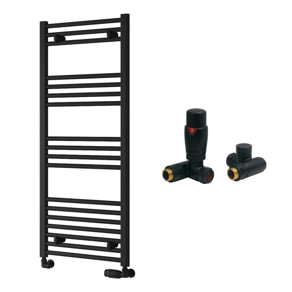 Reina Capo Flat Black Bathroom Heated Towel Rail 1200 x 500mm with Dual Fuel TRV Valves - Stylish Mild Steel Ladder Radiator