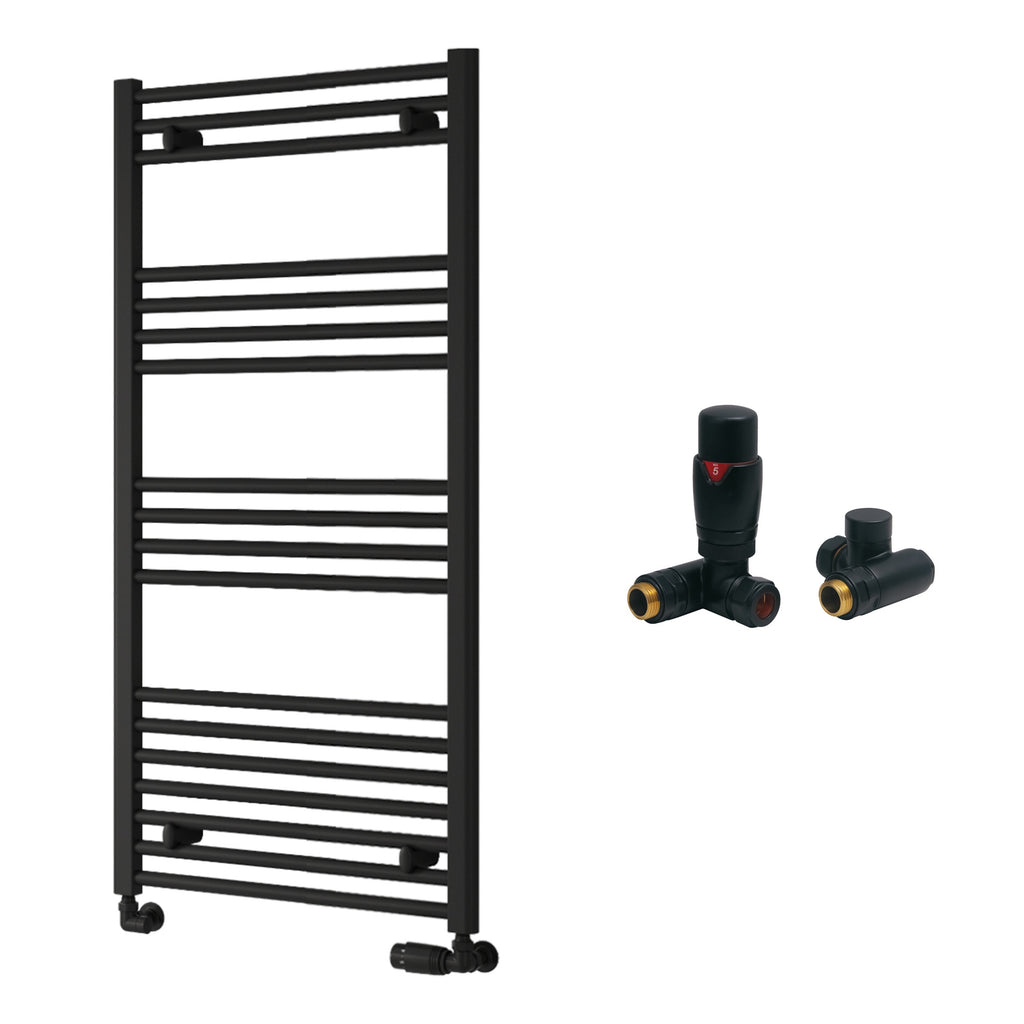 Reina Capo Flat Black Bathroom Heated Towel Rail 1200 x 600mm with Dual Fuel TRV Valves - Stylish Mild Steel Ladder Radiator