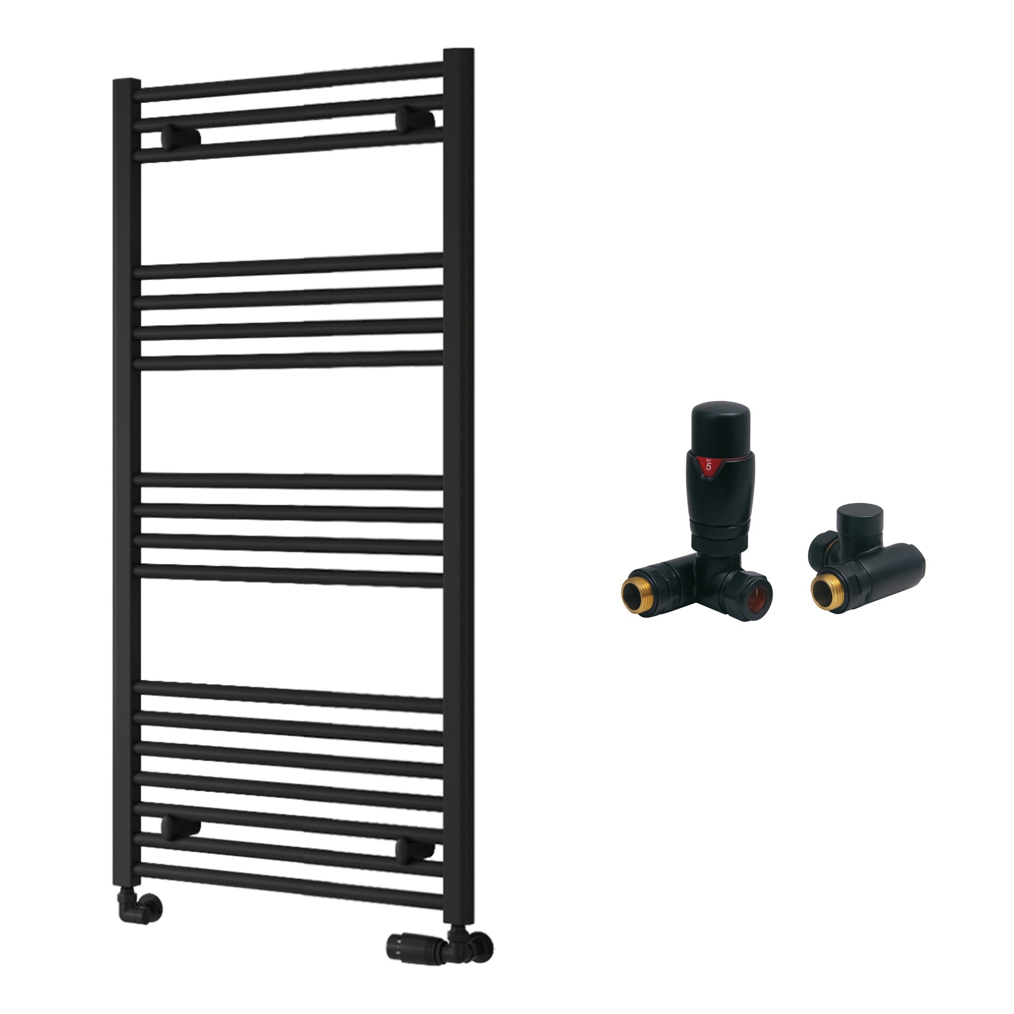 Reina Capo Flat Black Bathroom Heated Towel Rail 1200 x 600mm with Dual Fuel TRV Valves - Stylish Mild Steel Ladder Radiator