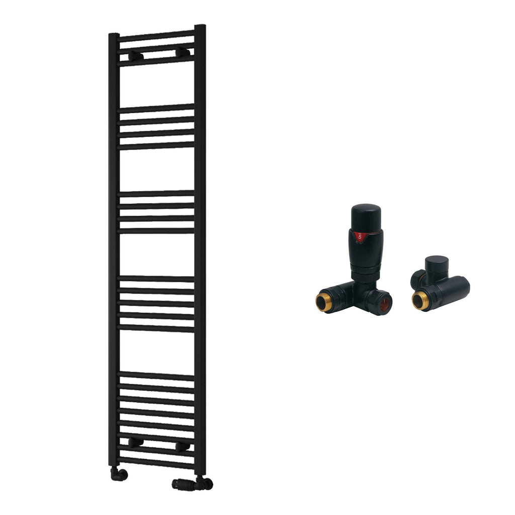 Reina Capo Flat Black Bathroom Heated Towel Rail 1600 x 400mm with Dual Fuel TRV Valves - Stylish Mild Steel Ladder Radiator