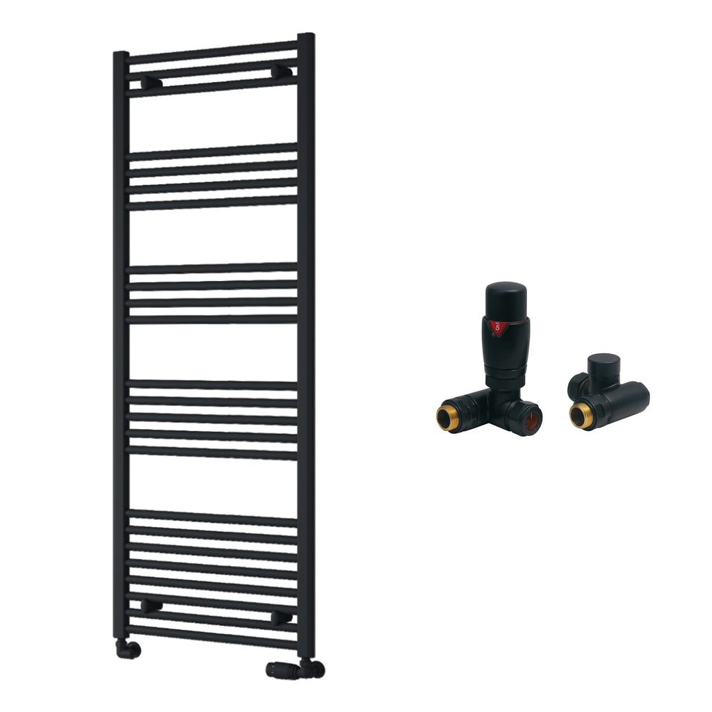 Reina Capo Flat Black Bathroom Heated Towel Rail 1600 x 500mm with Dual Fuel TRV Valves - Stylish Mild Steel Ladder Radiator
