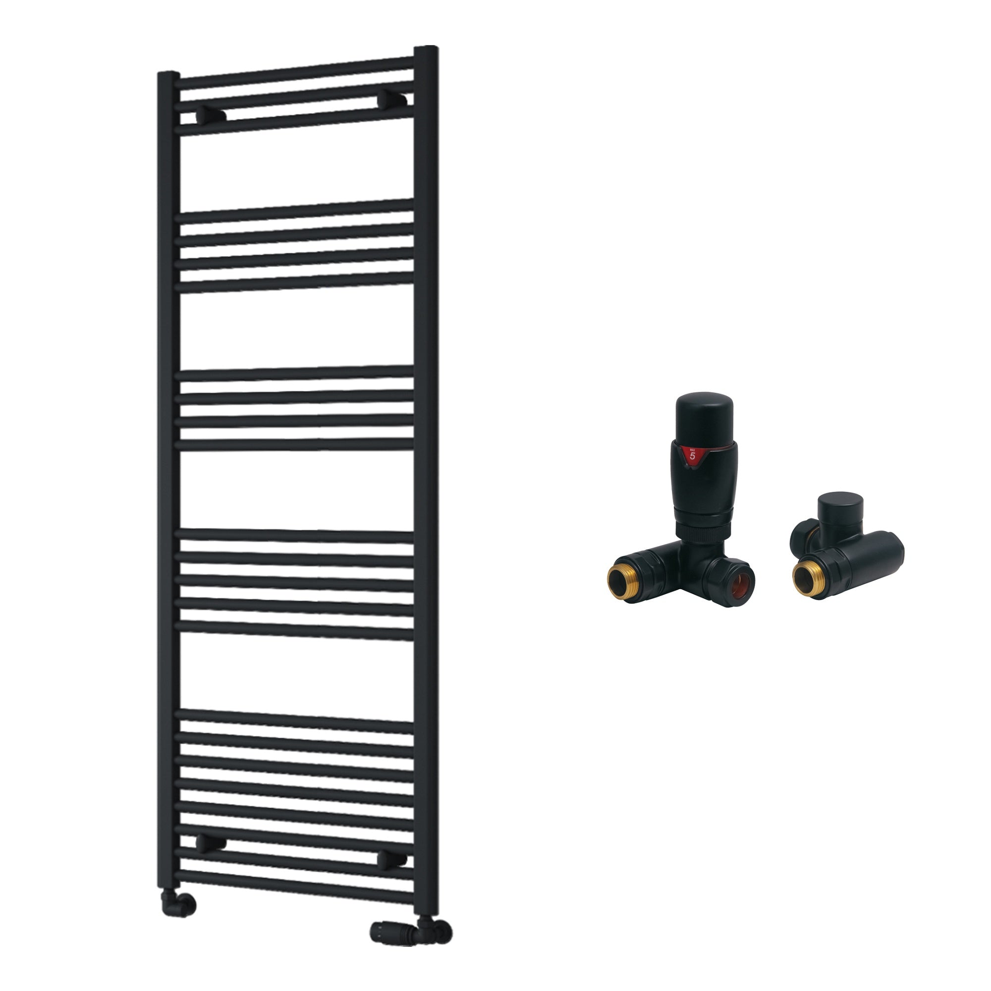 Reina Capo Flat Black Bathroom Heated Towel Rail 1600 x 500mm with Dual Fuel TRV Valves - Stylish Mild Steel Ladder Radiator