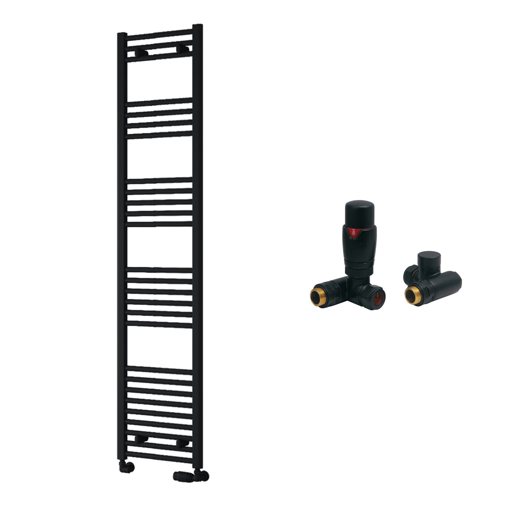 Reina Capo Flat Black Bathroom Heated Towel Rail 1800 x 400mm with Dual Fuel TRV Valves - Stylish Mild Steel Ladder Radiator
