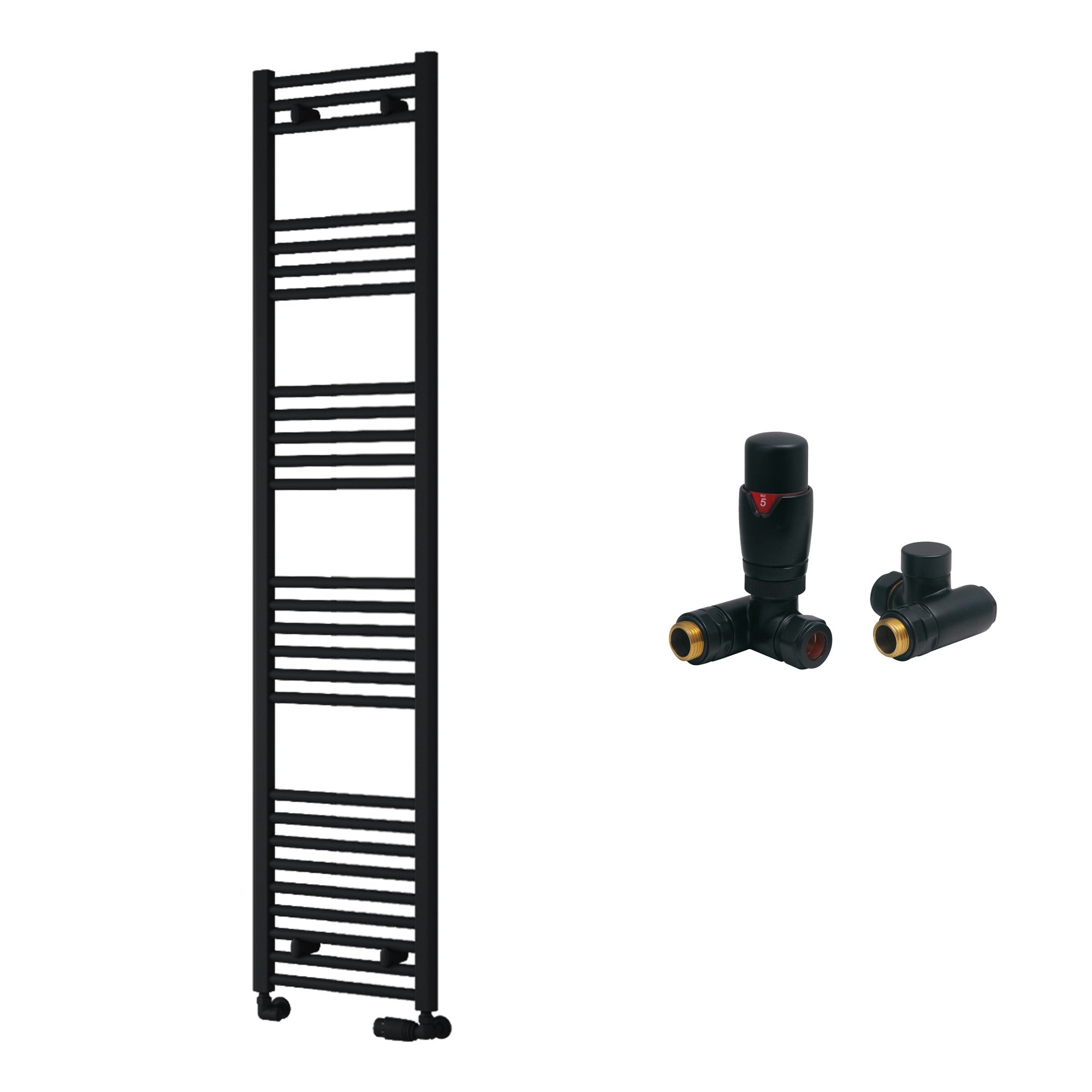Reina Capo Flat Black Bathroom Heated Towel Rail 1800 x 400mm with Dual Fuel TRV Valves - Stylish Mild Steel Ladder Radiator
