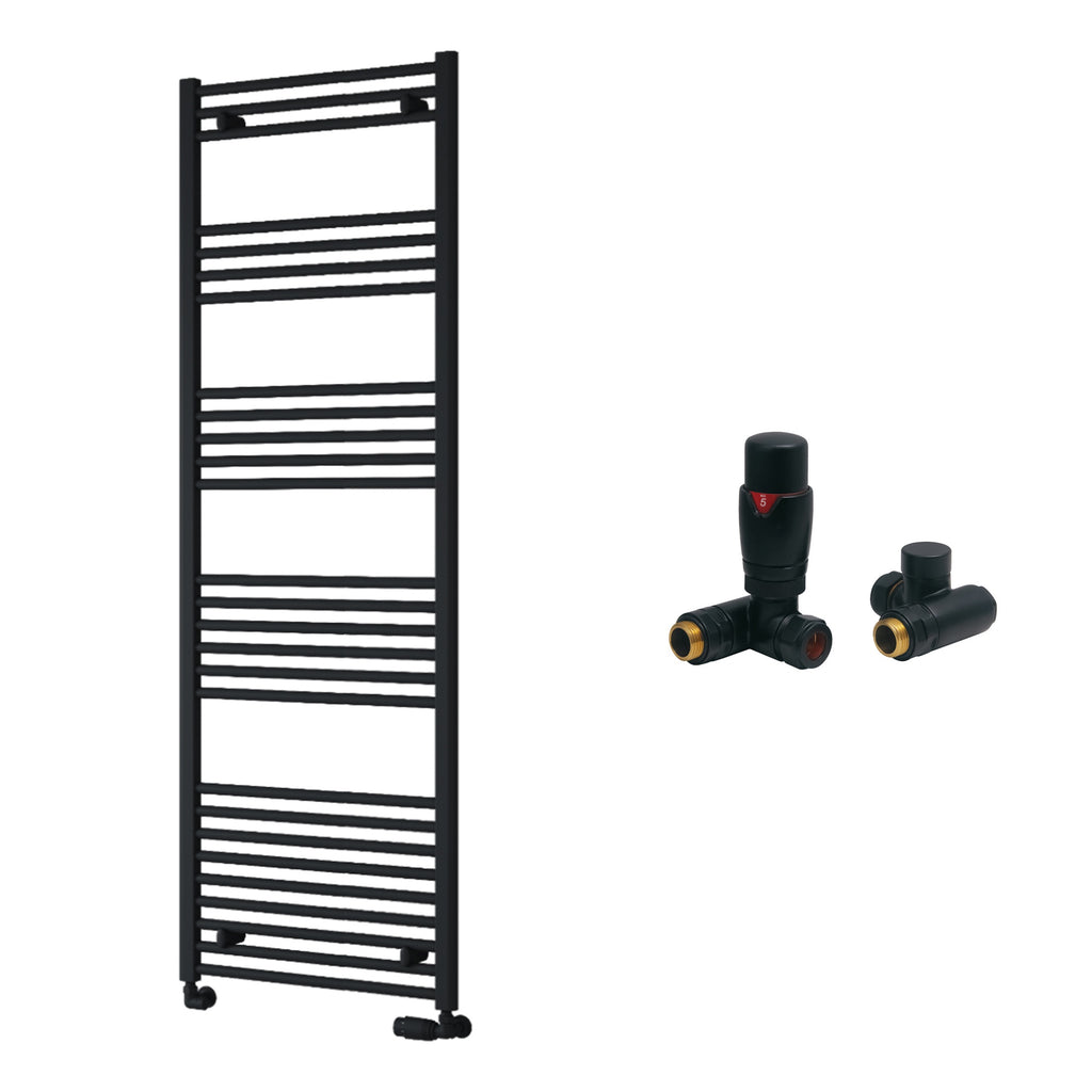 Reina Capo Flat Black Bathroom Heated Towel Rail 1800 x 600mm with Dual Fuel TRV Valves - Stylish Mild Steel Ladder Radiator
