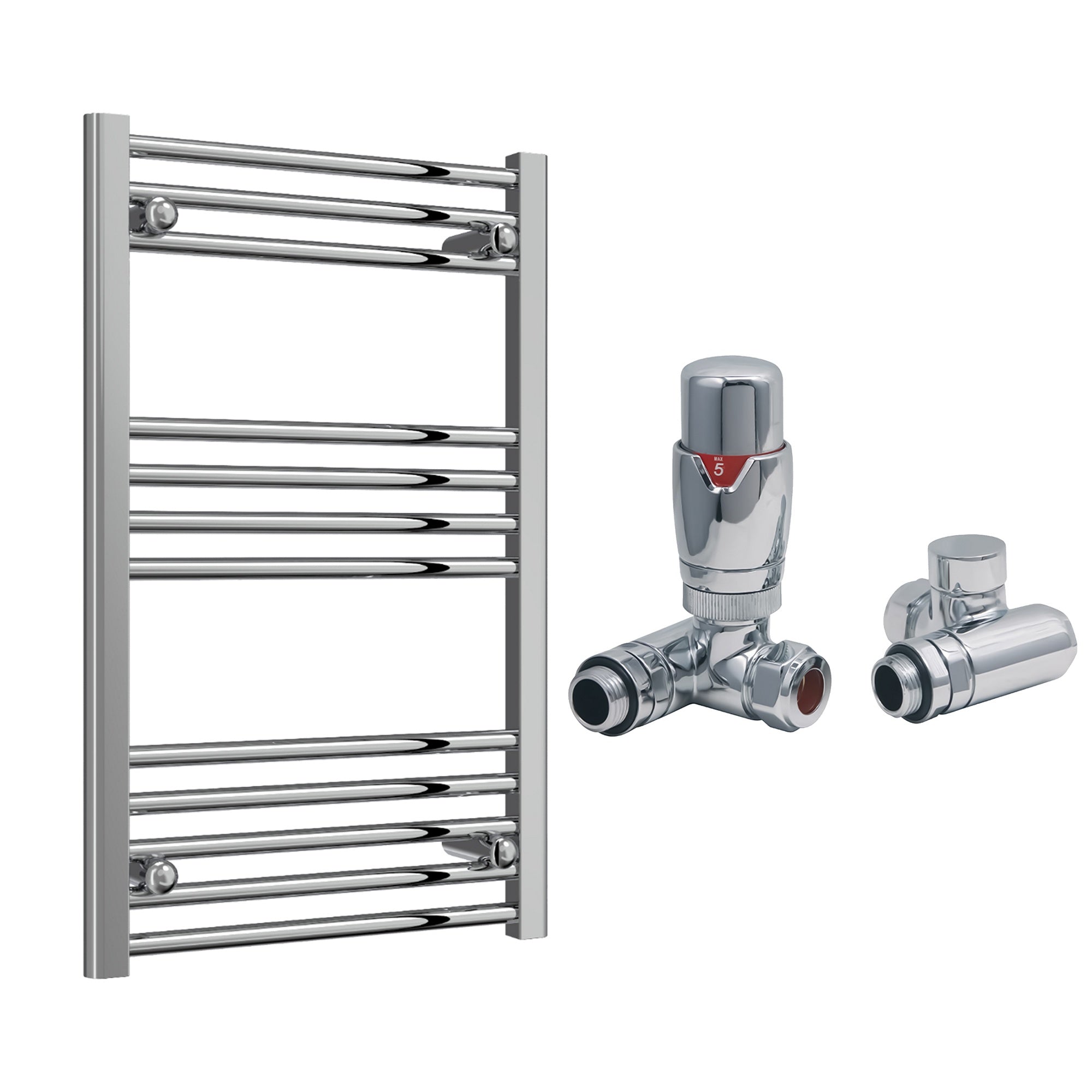 Reina Capo Flat Chrome Bathroom Heated Towel Rail 800 x 400mm with Dual Fuel TRV Valves - Stylish Mild Steel Ladder Radiator