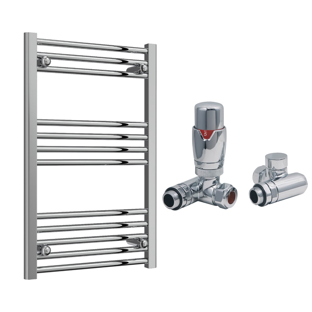 Reina Capo Flat Chrome Bathroom Heated Towel Rail 800 x 500mm with Dual Fuel TRV Valves - Stylish Mild Steel Ladder Radiator