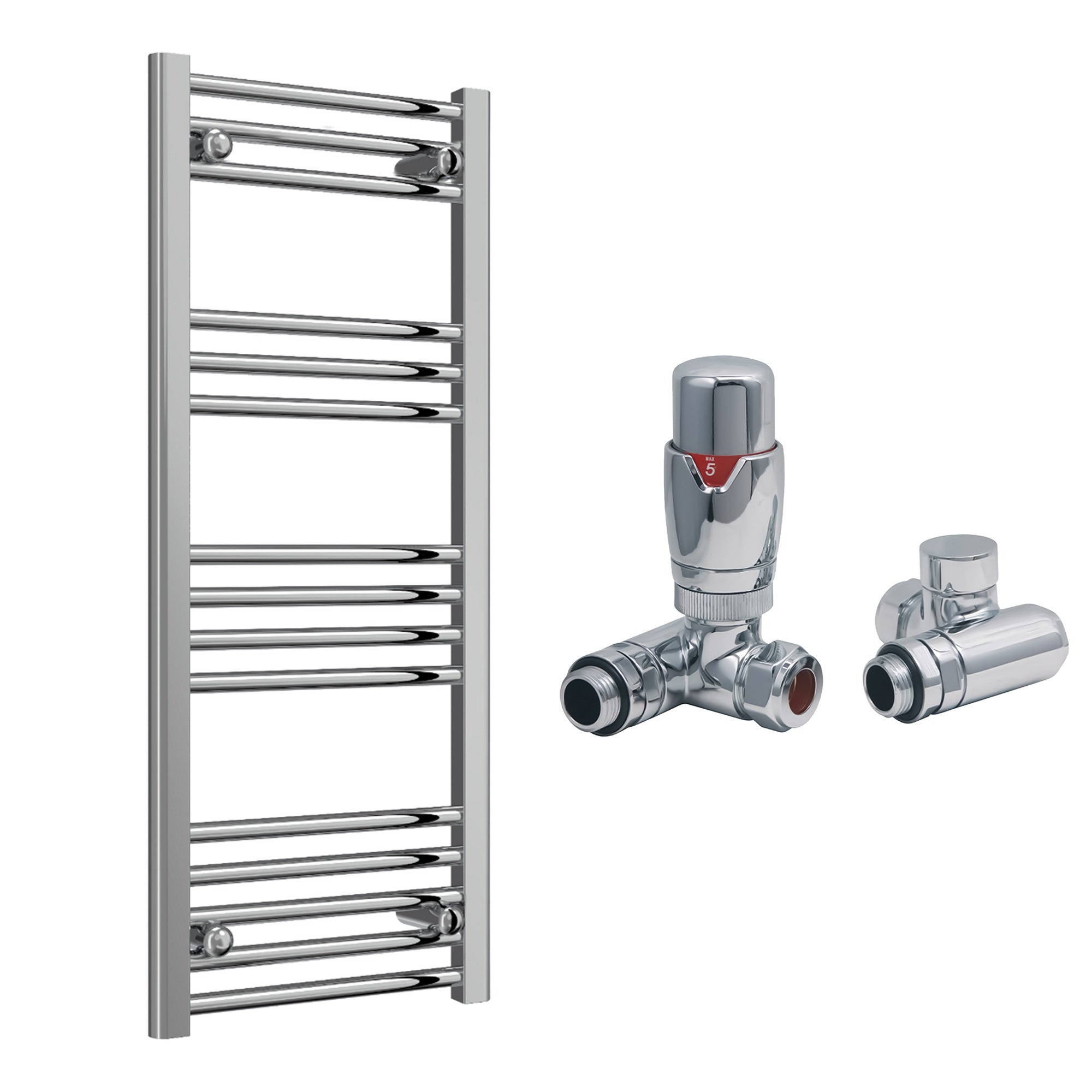 Reina Capo Flat Chrome Bathroom Heated Towel Rail 1000 x 400mm with Dual Fuel TRV Valves - Stylish Mild Steel Ladder Radiator