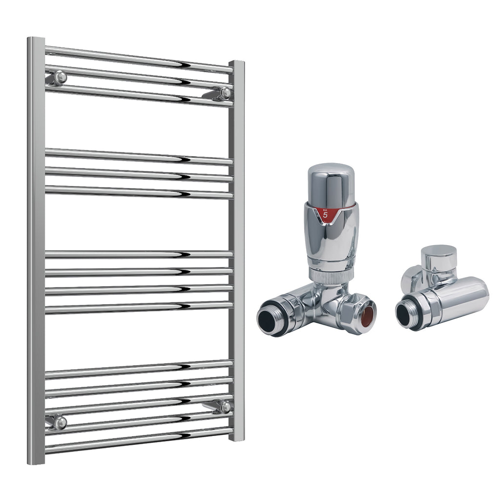 Reina Capo Flat Chrome Bathroom Heated Towel Rail 1000 x 600mm with Dual Fuel TRV Valves - Stylish Mild Steel Ladder Radiator