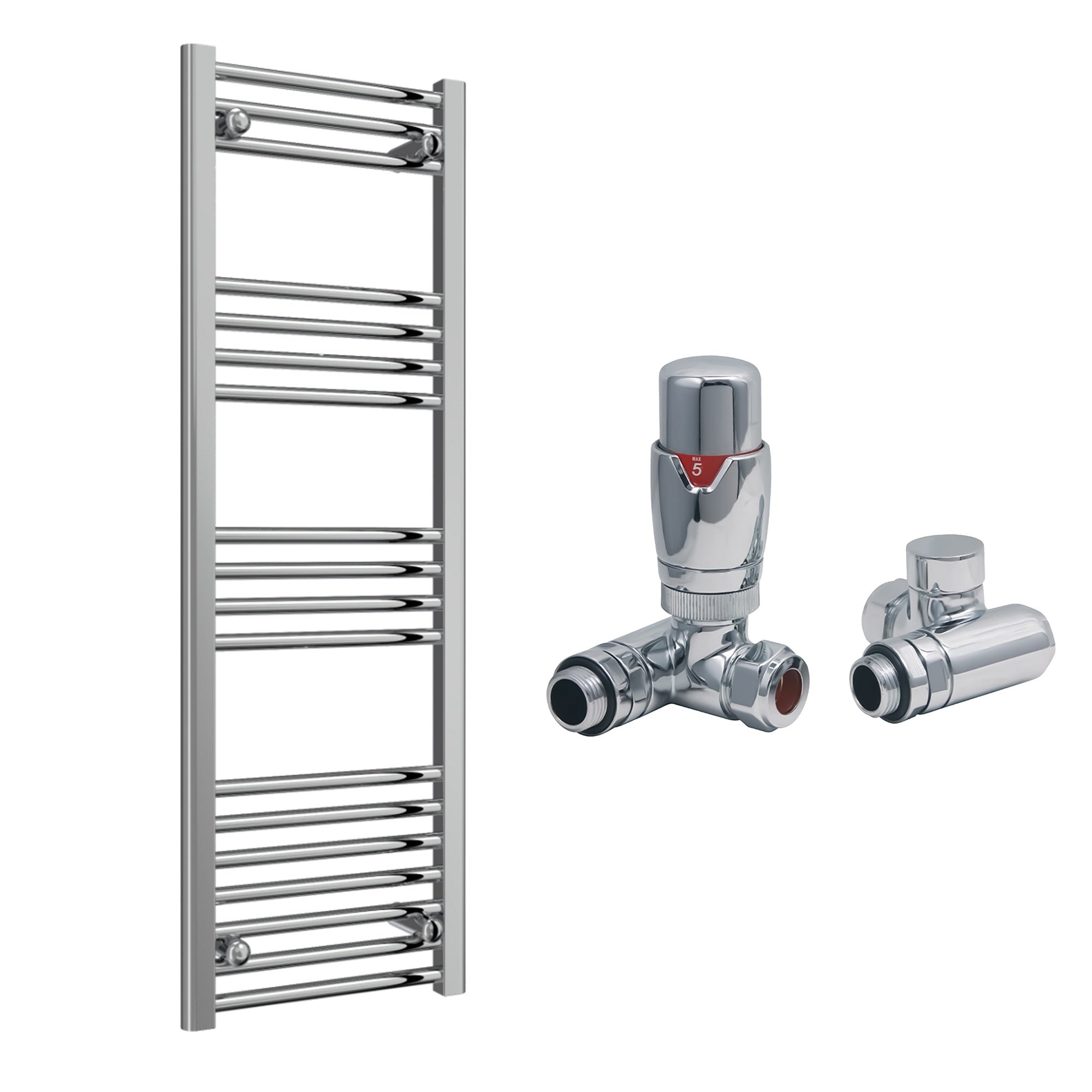 Reina Capo Flat Chrome Bathroom Heated Towel Rail 1200 x 400mm with Dual Fuel TRV Valves - Stylish Mild Steel Ladder Radiator