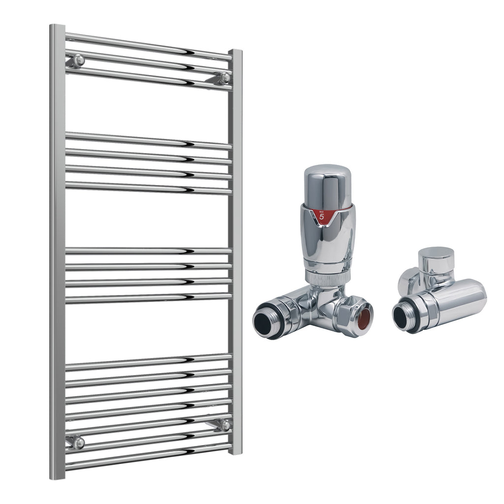 Reina Capo Flat Chrome Bathroom Heated Towel Rail 1200 x 600mm with Dual Fuel TRV Valves - Stylish Mild Steel Ladder Radiator