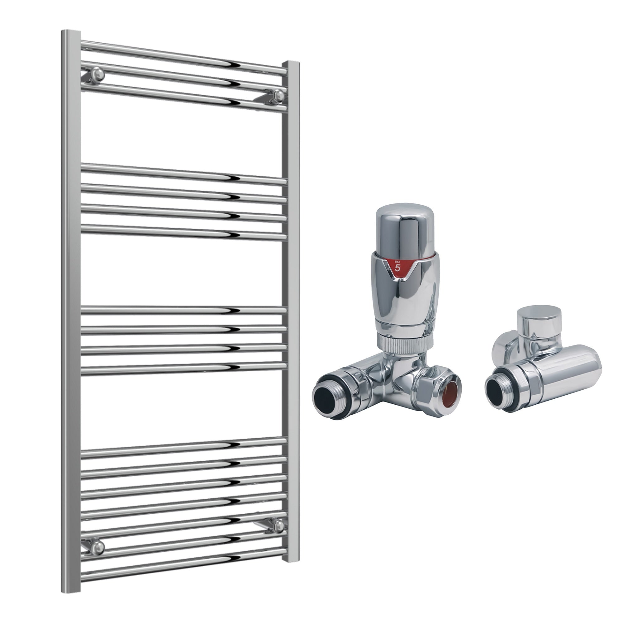 Reina Capo Flat Chrome Bathroom Heated Towel Rail 1200 x 600mm with Dual Fuel TRV Valves - Stylish Mild Steel Ladder Radiator