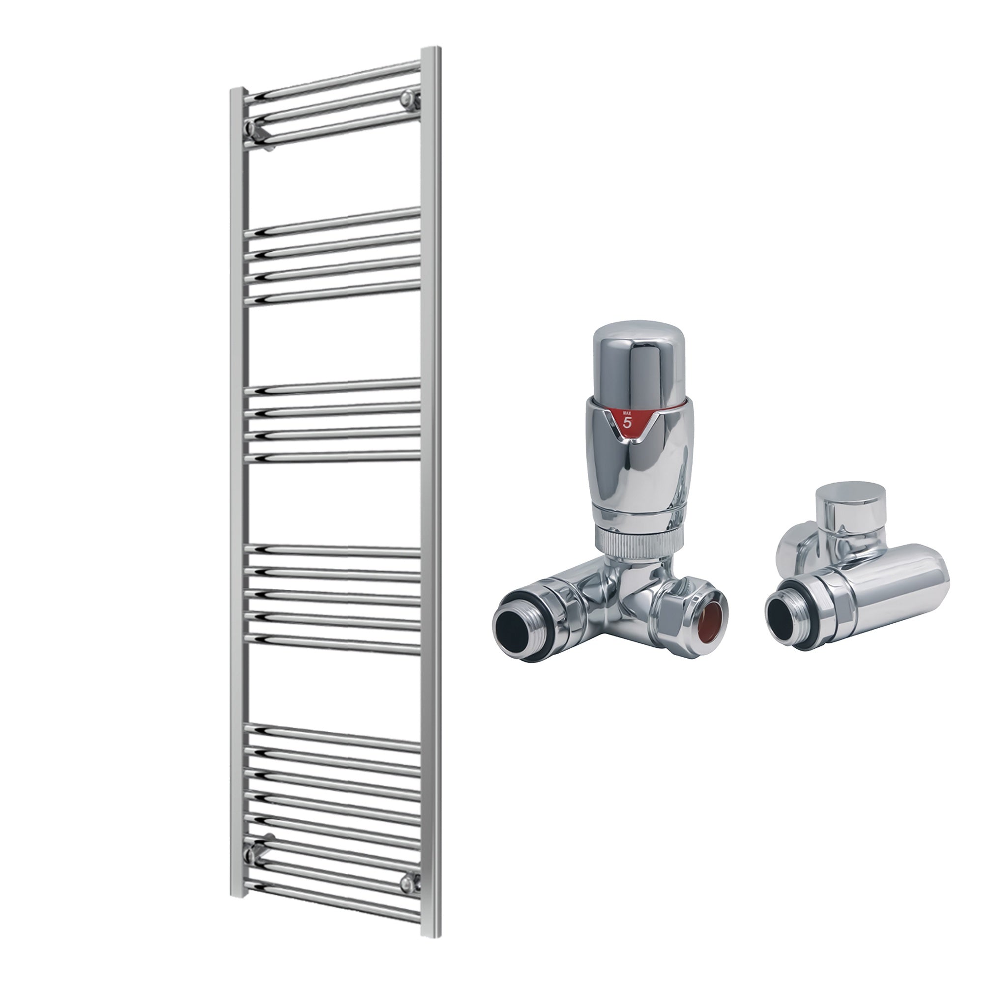 Reina Capo Flat Chrome Bathroom Heated Towel Rail 1600 x 500mm with Dual Fuel TRV Valves - Stylish Mild Steel Ladder Radiator