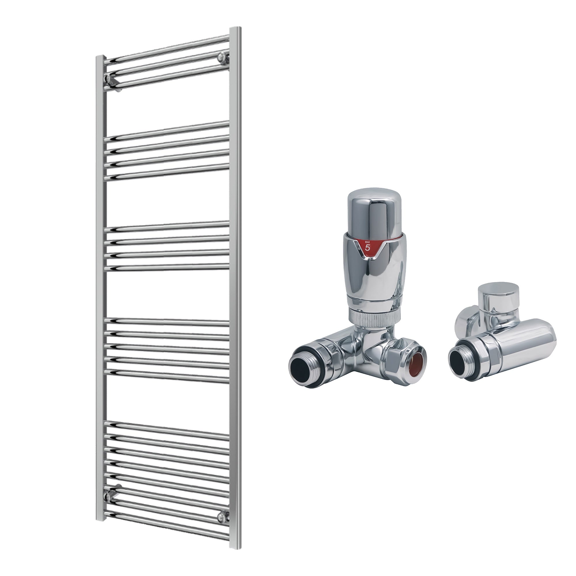 Reina Capo Flat Chrome Bathroom Heated Towel Rail 1600 x 600mm with Dual Fuel TRV Valves - Stylish Mild Steel Ladder Radiator