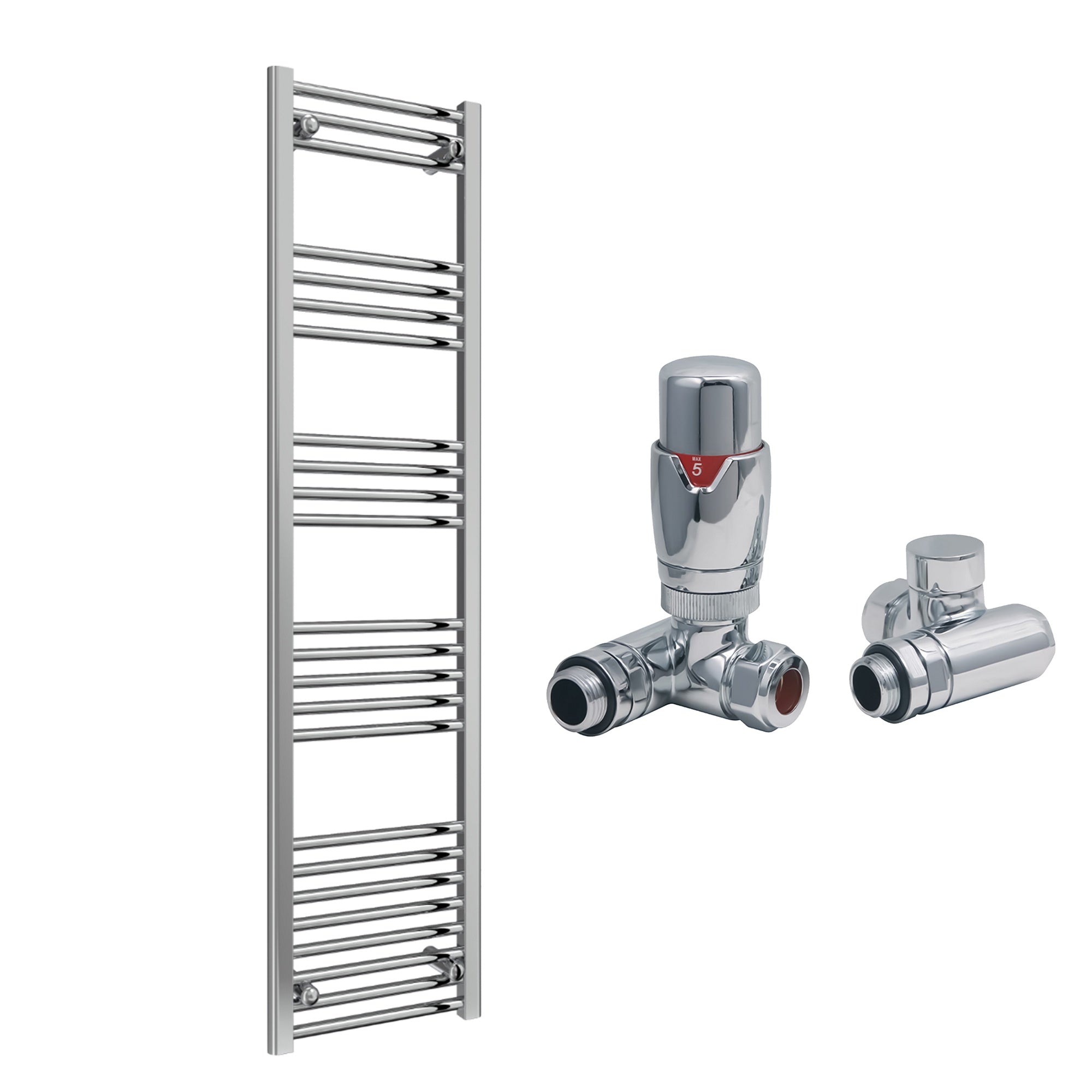Reina Capo Flat Chrome Bathroom Heated Towel Rail 1800 x 400mm with Dual Fuel TRV Valves - Stylish Mild Steel Ladder Radiator