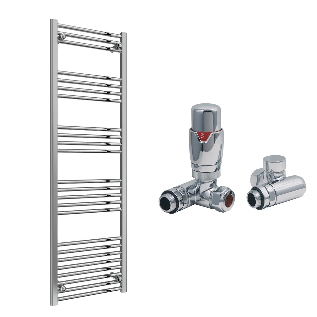 Reina Capo Flat Chrome Bathroom Heated Towel Rail 1800 x 500mm with Dual Fuel TRV Valves - Stylish Mild Steel Ladder Radiator