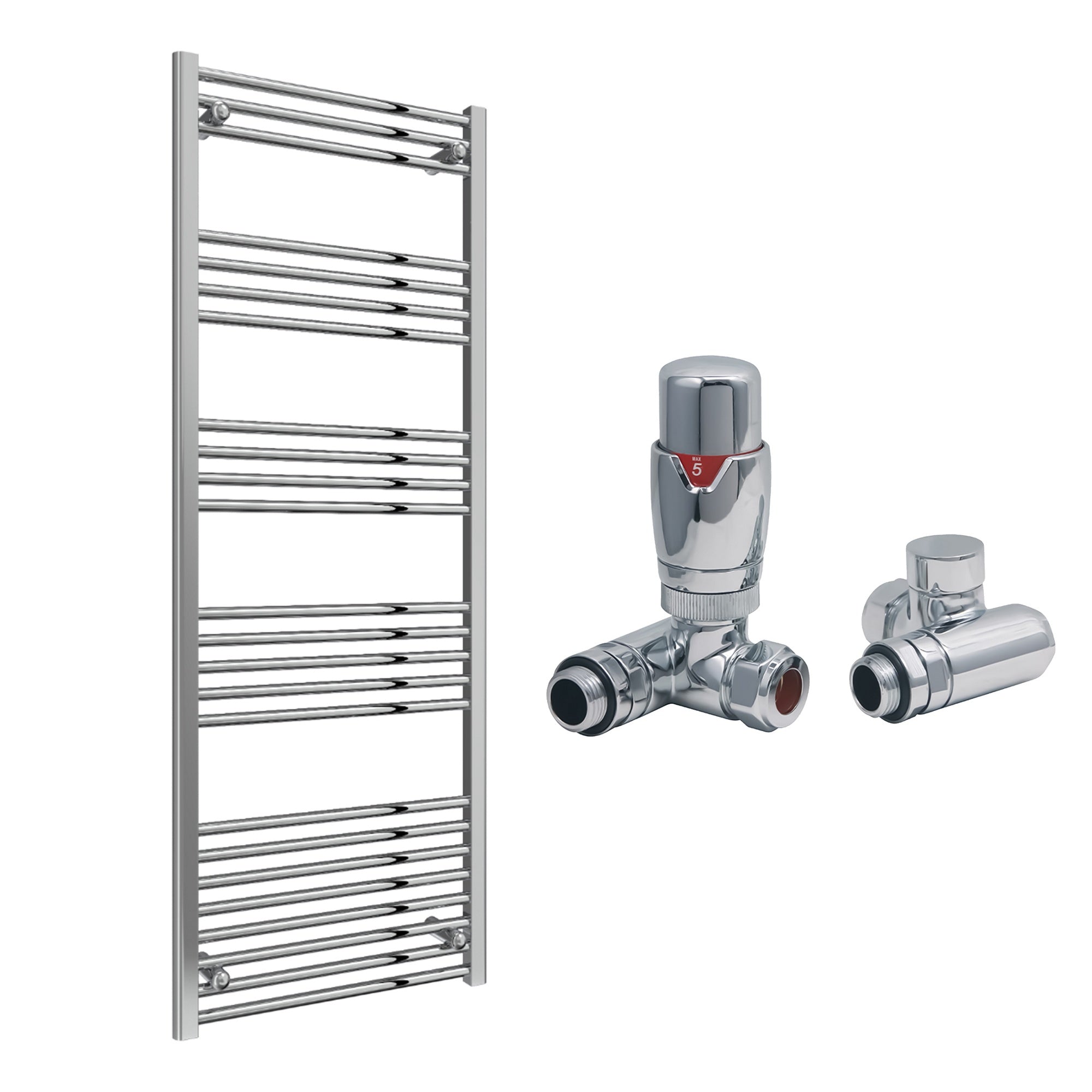Reina Capo Flat Chrome Bathroom Heated Towel Rail 1800 x 600mm with Dual Fuel TRV Valves - Stylish Mild Steel Ladder Radiator