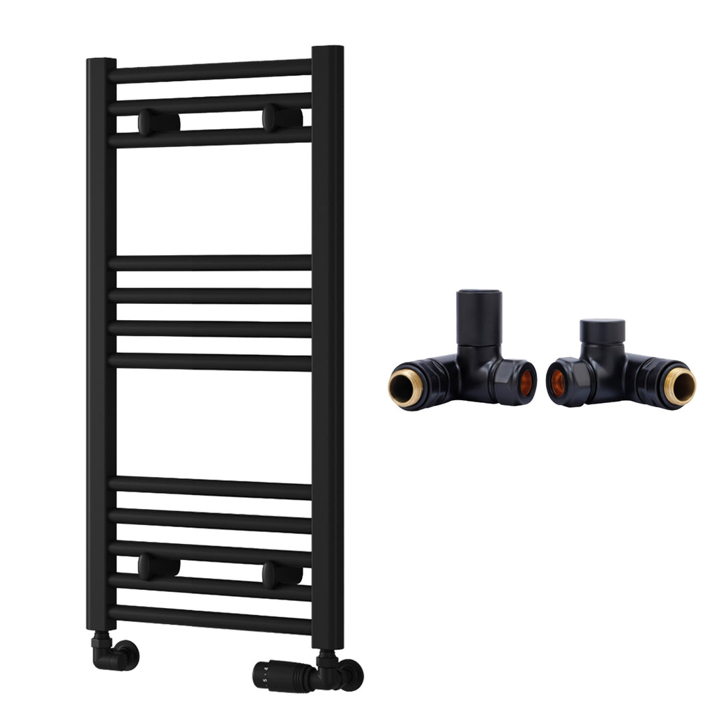 Reina Capo Flat Black Bathroom Heated Towel Rail 800 x 400mm with Dual Fuel Manual Valves - Stylish Mild Steel Ladder Radiator