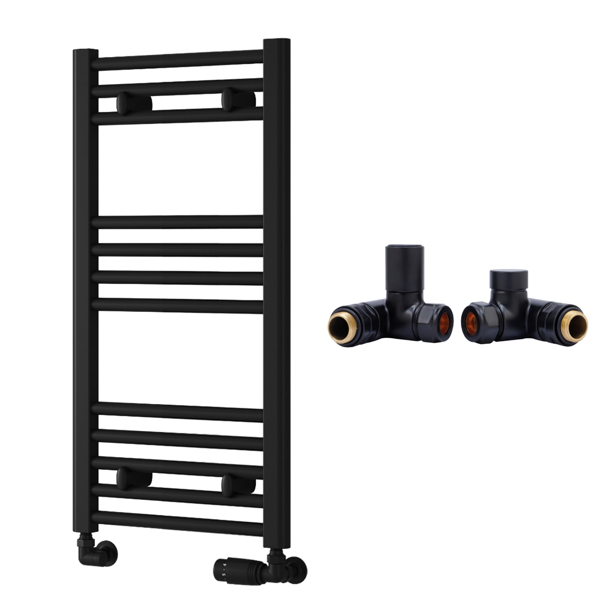 Reina Capo Flat Black Bathroom Heated Towel Rail 800 x 400mm with Dual Fuel Manual Valves - Stylish Mild Steel Ladder Radiator