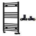 Reina Capo Flat Black Bathroom Heated Towel Rail 800 x 500mm with Dual Fuel Manual Valves - Stylish Mild Steel Ladder Radiator