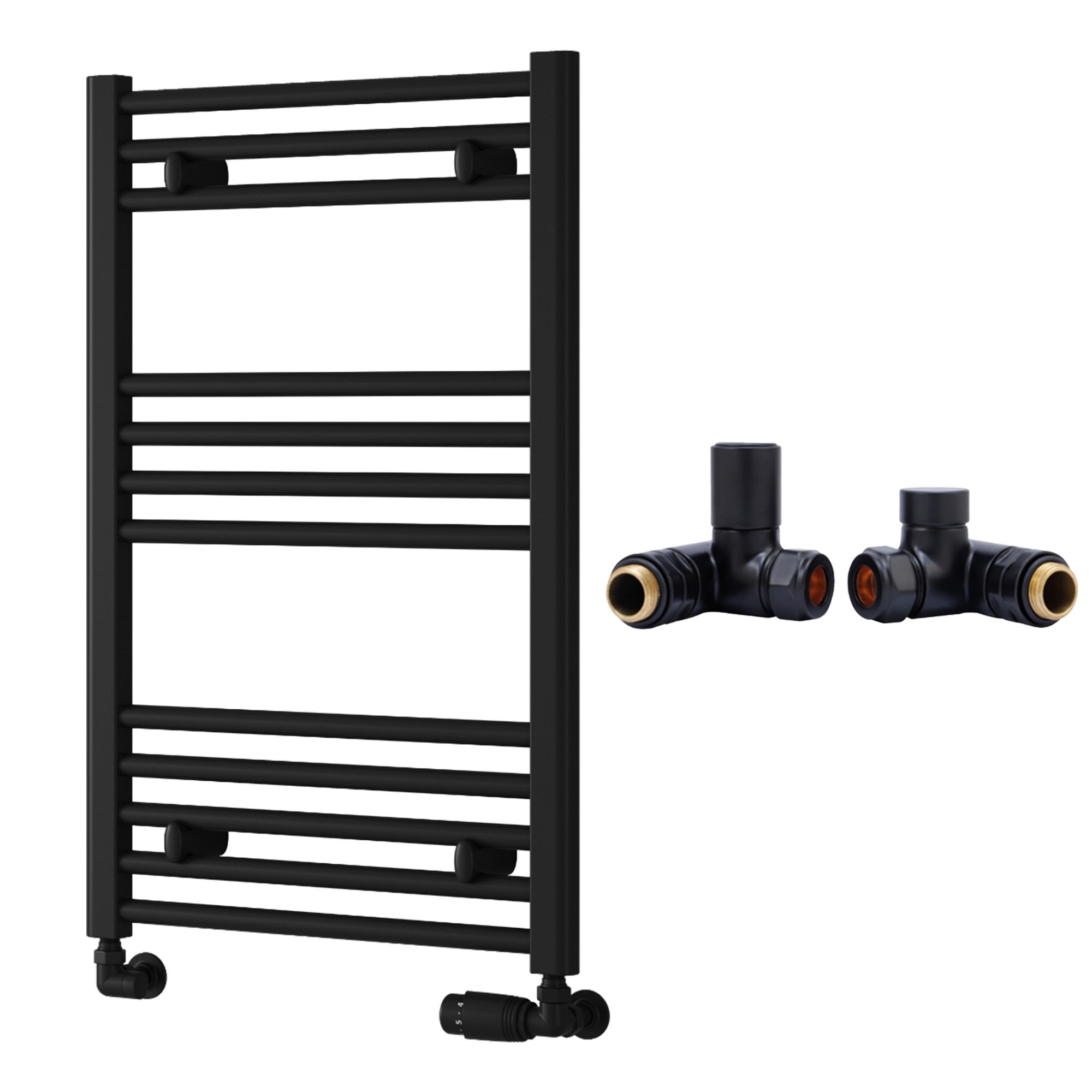 Reina Capo Flat Black Bathroom Heated Towel Rail 800 x 500mm with Dual Fuel Manual Valves - Stylish Mild Steel Ladder Radiator