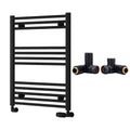 Reina Capo Flat Black Bathroom Heated Towel Rail 800 x 600mm with Dual Fuel Manual Valves - Stylish Mild Steel Ladder Radiator