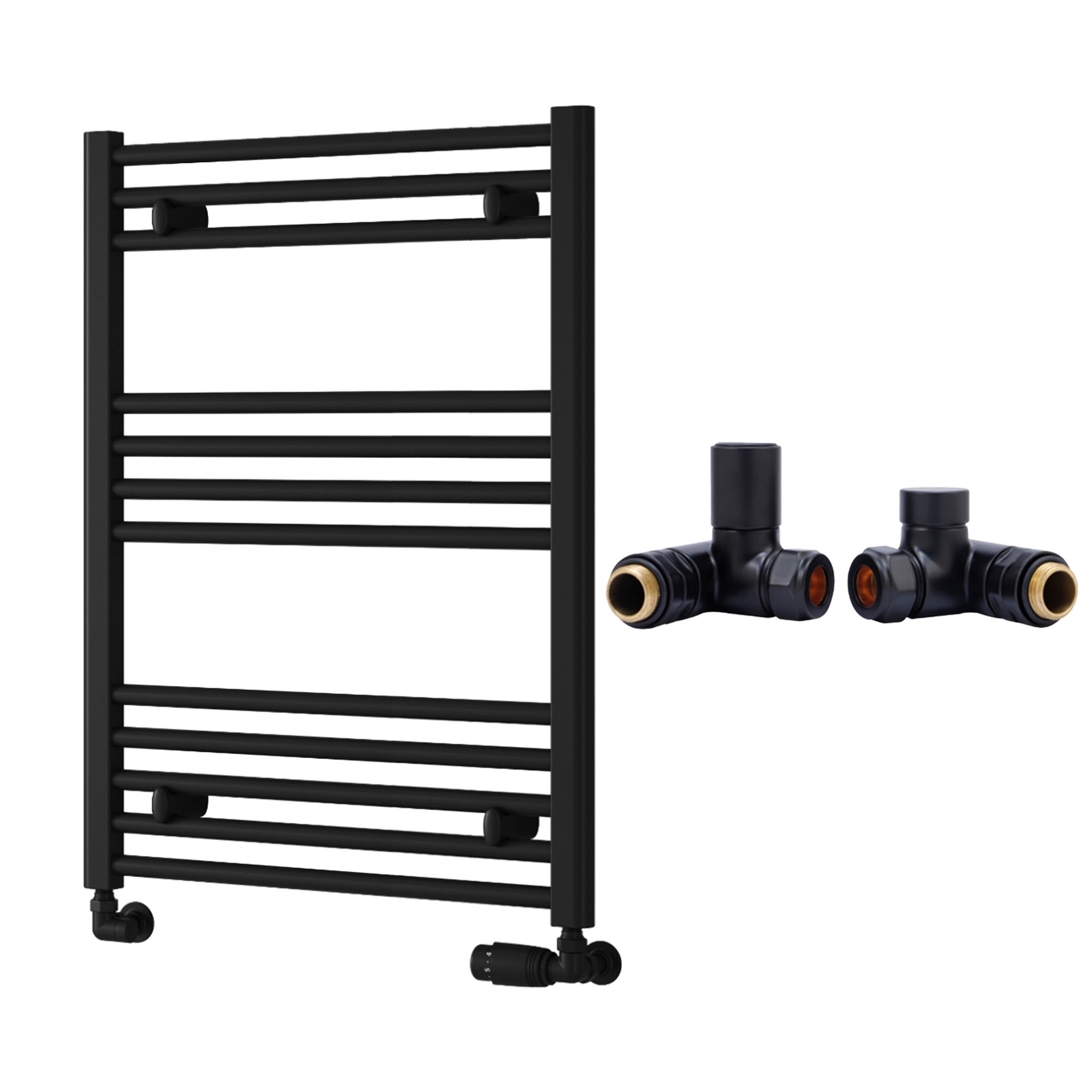 Reina Capo Flat Black Bathroom Heated Towel Rail 800 x 600mm with Dual Fuel Manual Valves - Stylish Mild Steel Ladder Radiator