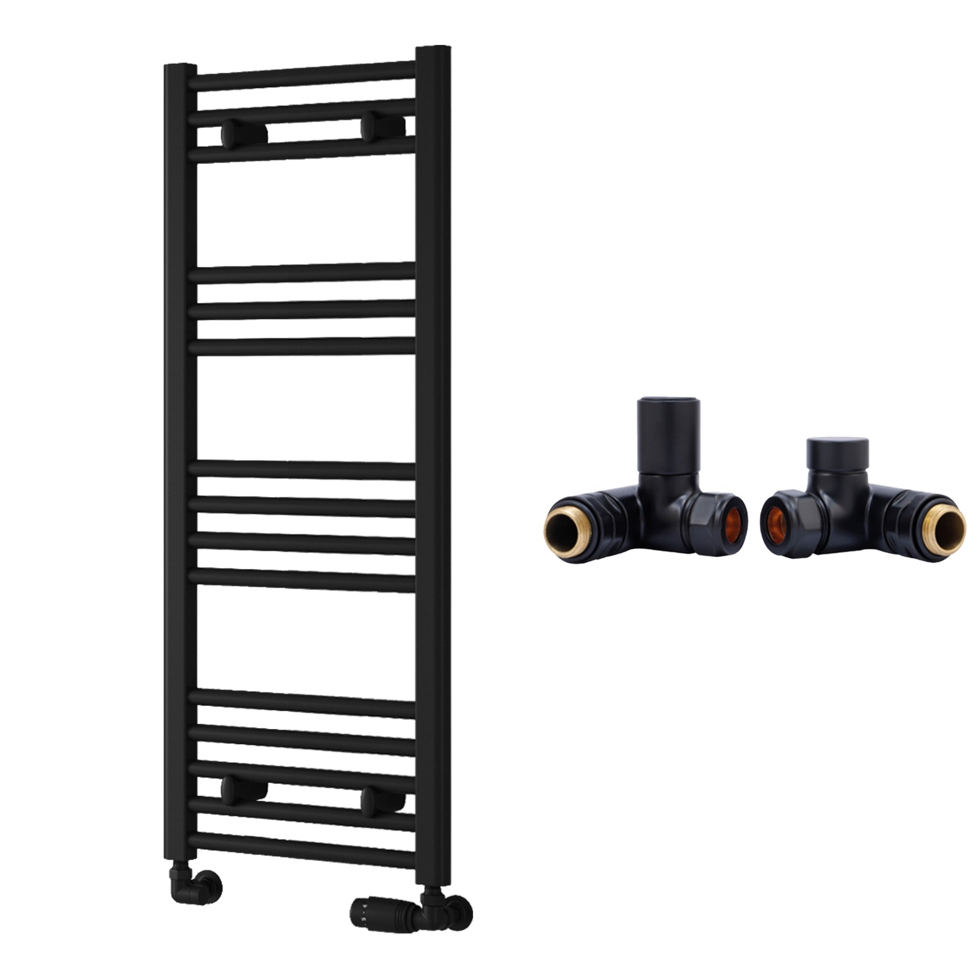 Reina Capo Flat Black Bathroom Heated Towel Rail 1000 x 400mm with Dual Fuel Manual Valves - Stylish Mild Steel Ladder Radiator