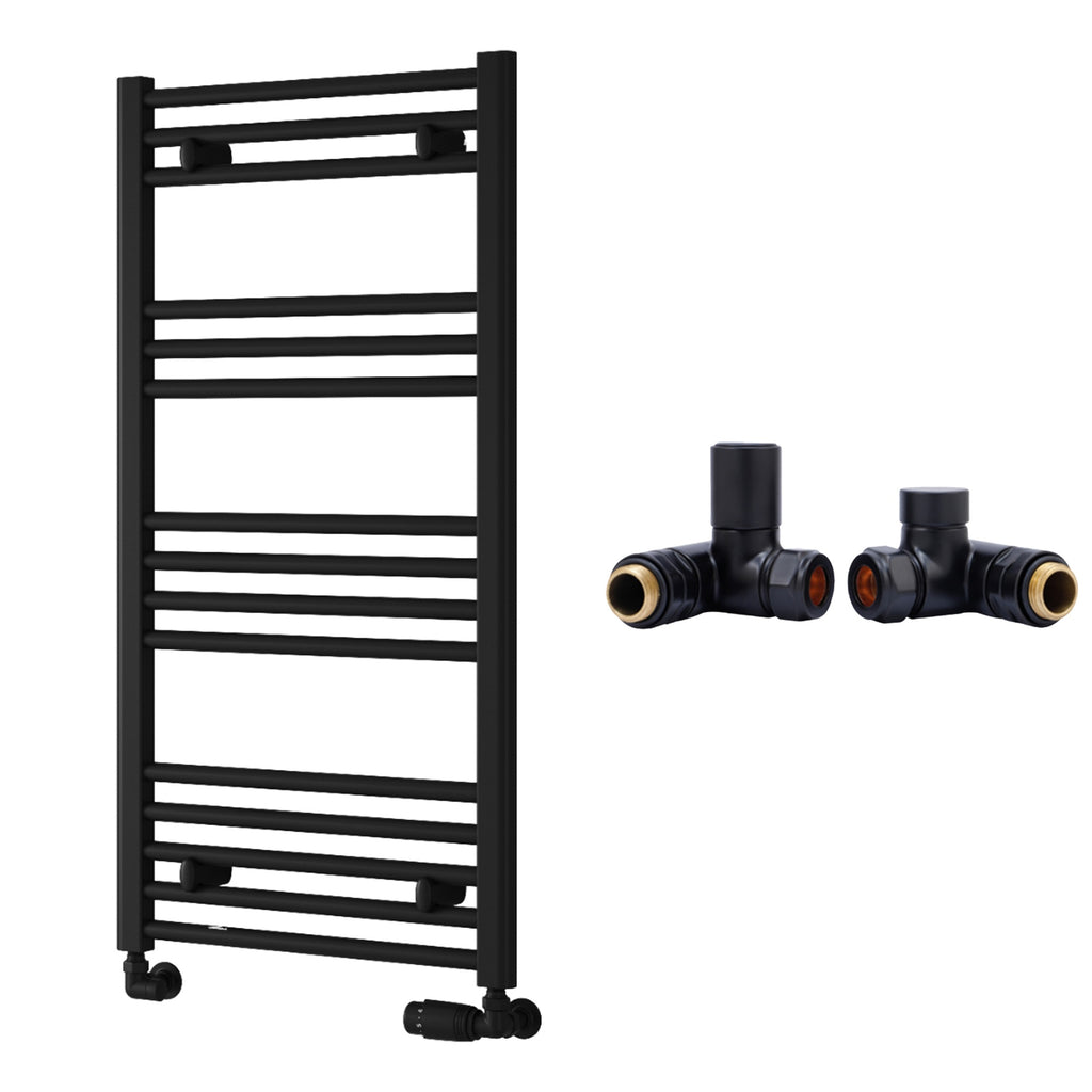 Reina Capo Flat Black Bathroom Heated Towel Rail 1000 x 500mm with Dual Fuel Manual Valves - Stylish Mild Steel Ladder Radiator